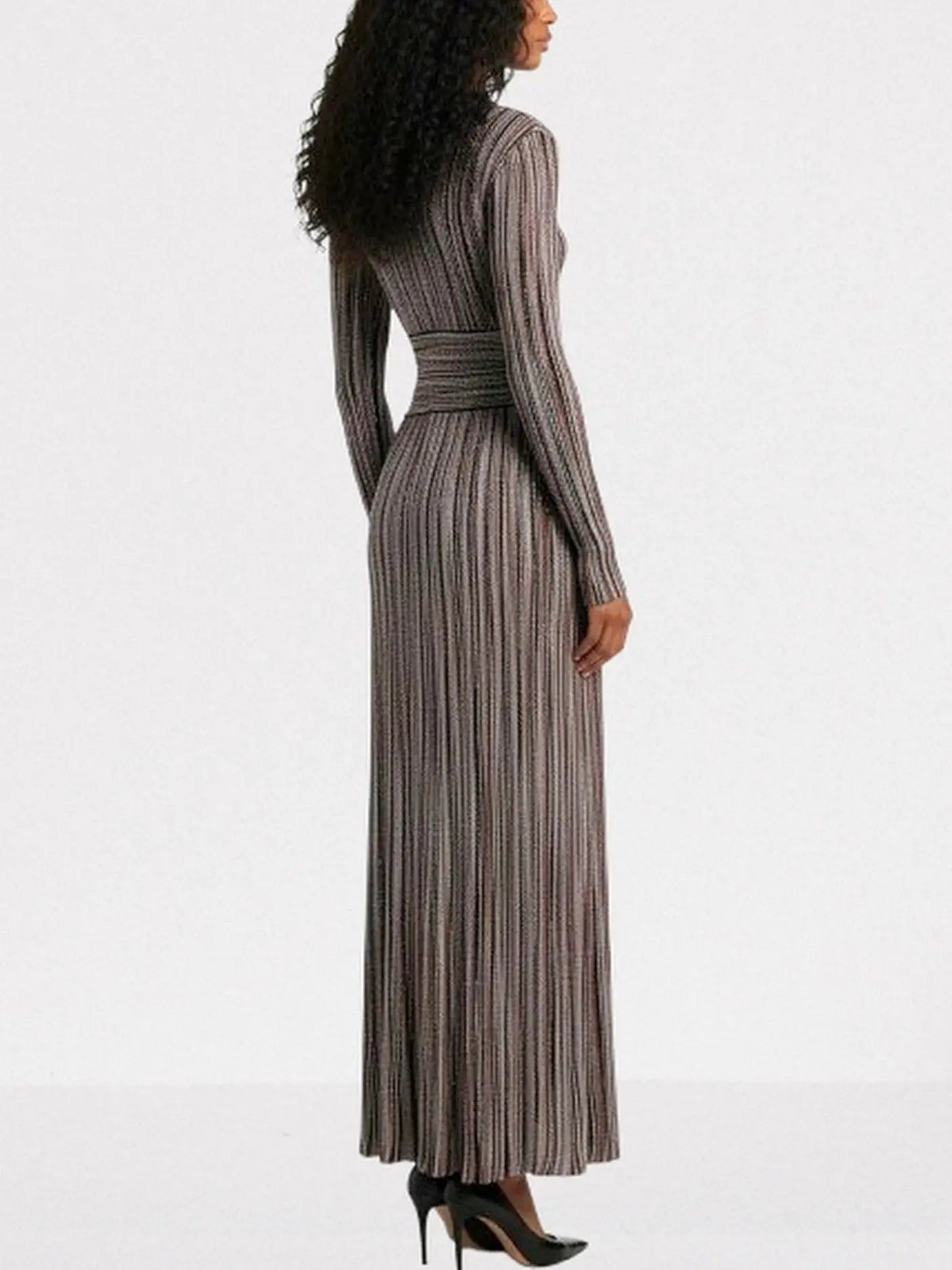 Multicolor Striped Lamé Knit V-Neck Maxi Dress - Dresses