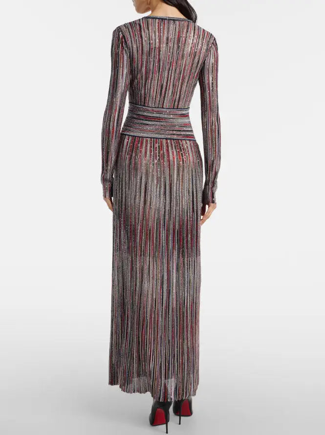 Multicolor Striped Lamé Knit V-Neck Maxi Dress - Dresses