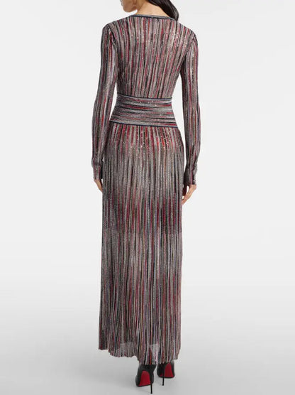 Multicolor Striped Lamé Knit V-Neck Maxi Dress - Dresses