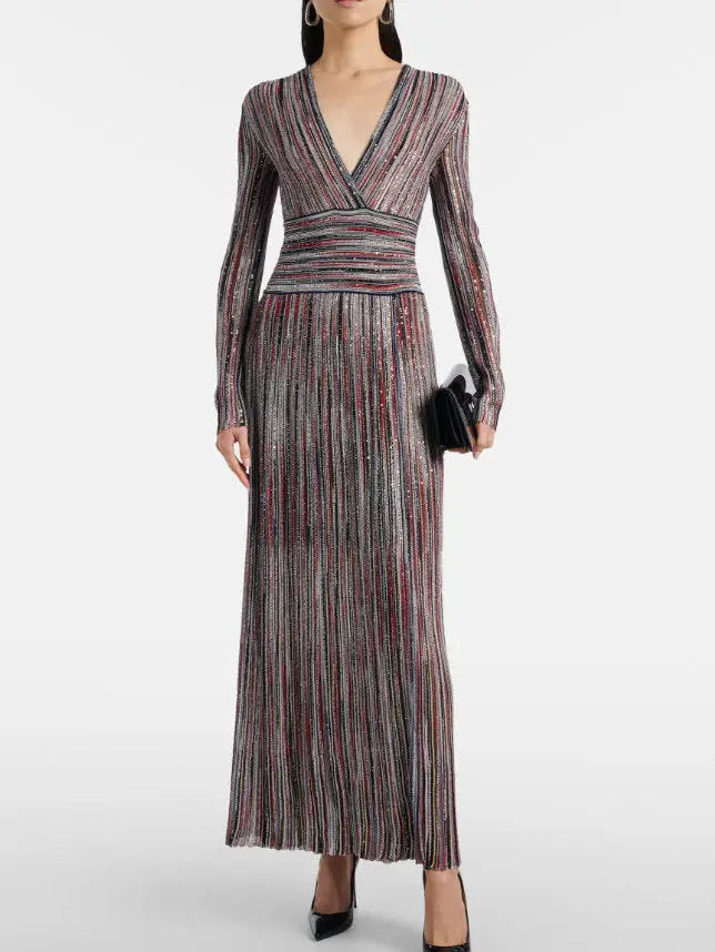 Multicolor Striped Lamé Knit V-Neck Maxi Dress - Dresses