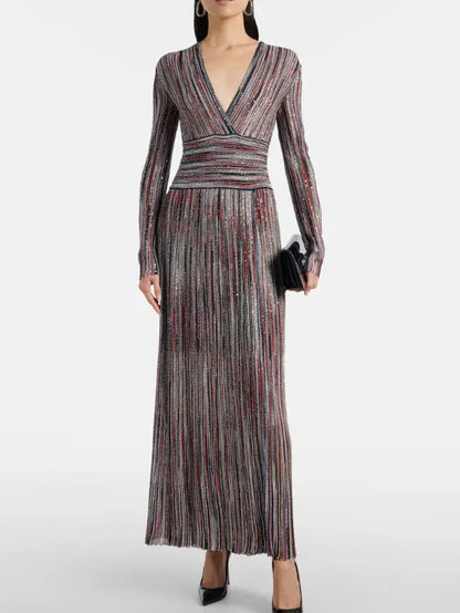 Multicolor Striped Lamé Knit V-Neck Maxi Dress - Dresses