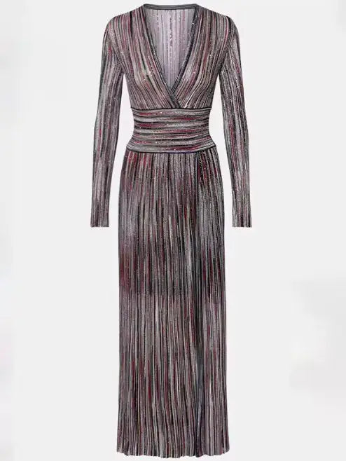 Multicolor Striped Lamé Knit V-Neck Maxi Dress - Dresses