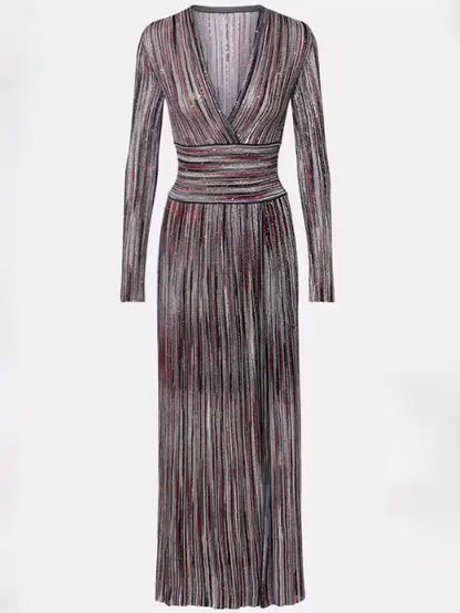 Multicolor Striped Lamé Knit V-Neck Maxi Dress - Dresses