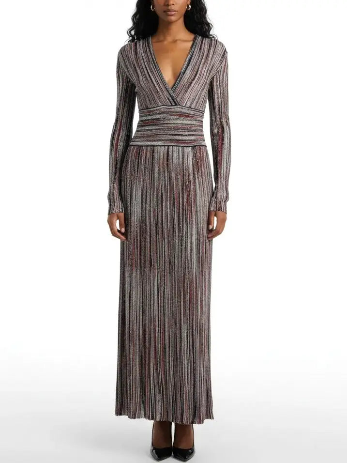 Multicolor Striped Lamé Knit V-Neck Maxi Dress - Dresses