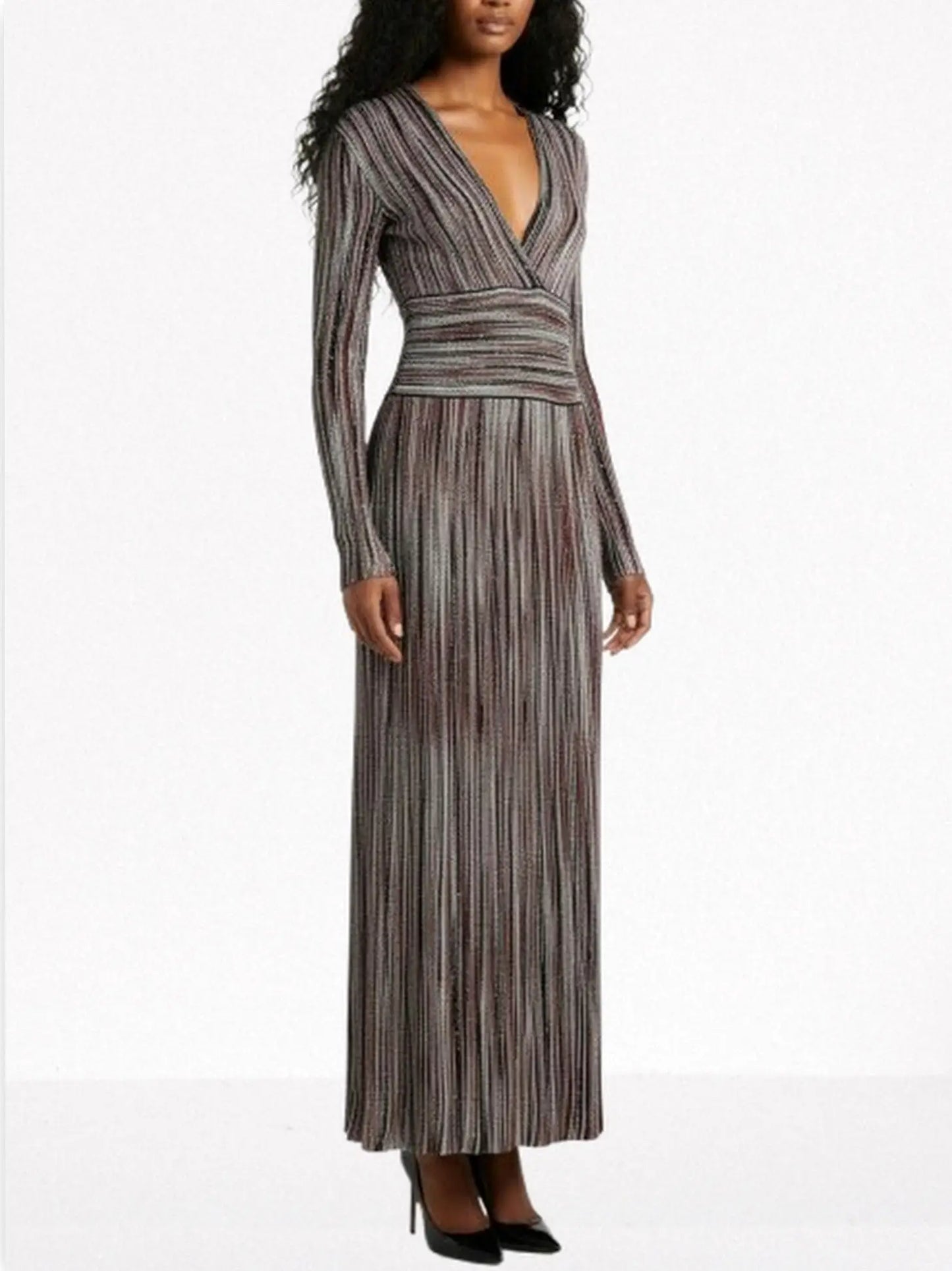 Multicolor Striped Lamé Knit V-Neck Maxi Dress - Dresses