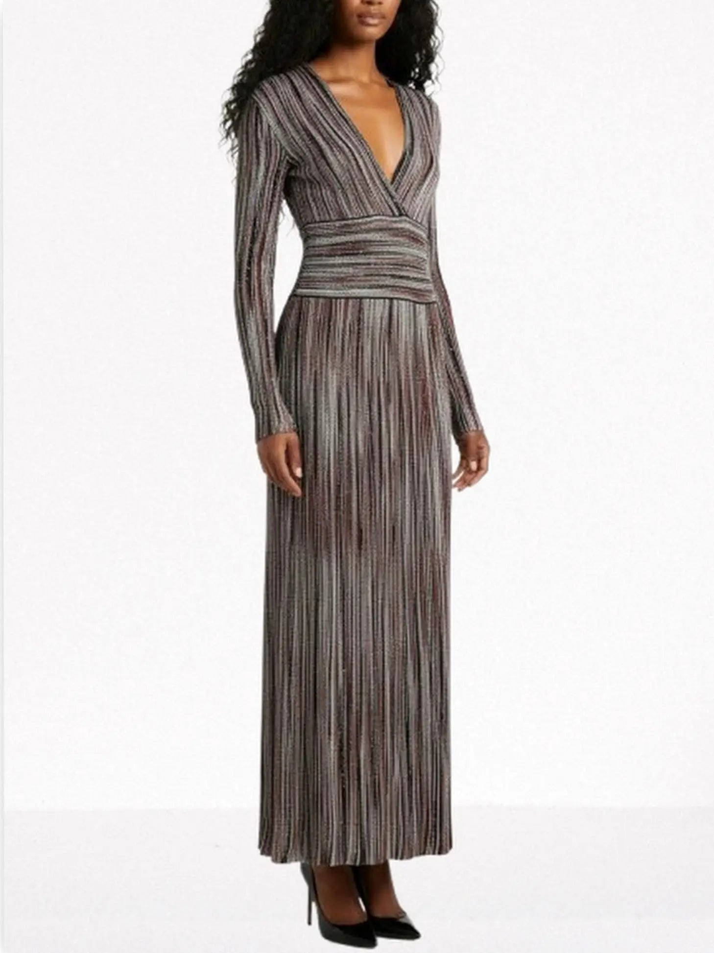 Multicolor Striped Lamé Knit V-Neck Maxi Dress - Dresses