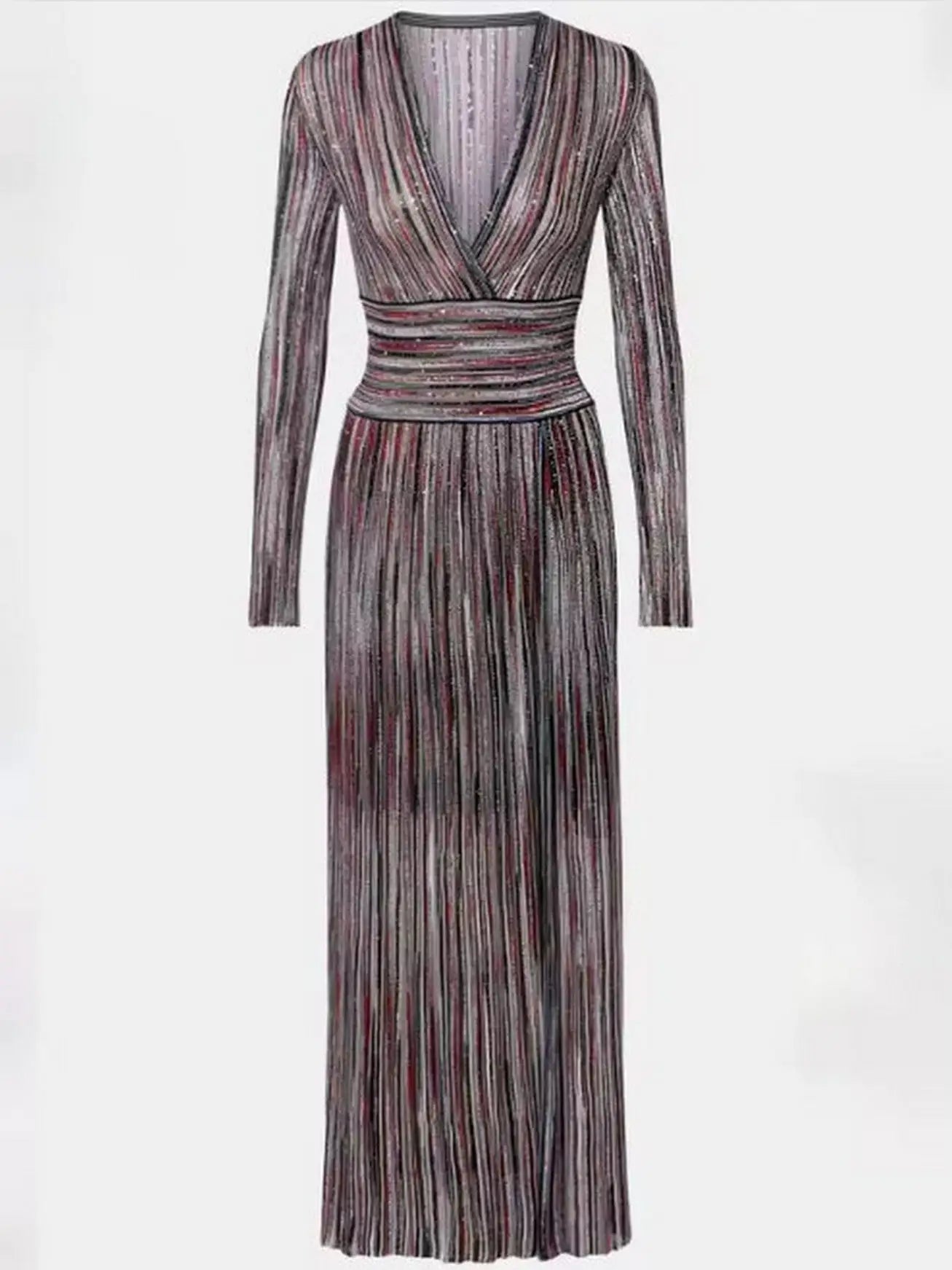 Multicolor Striped Lamé Knit V-Neck Maxi Dress - Dresses