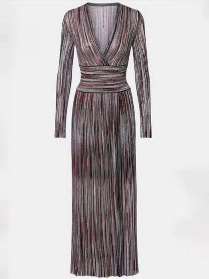 Multicolor Striped Lamé Knit V-Neck Maxi Dress - Dresses