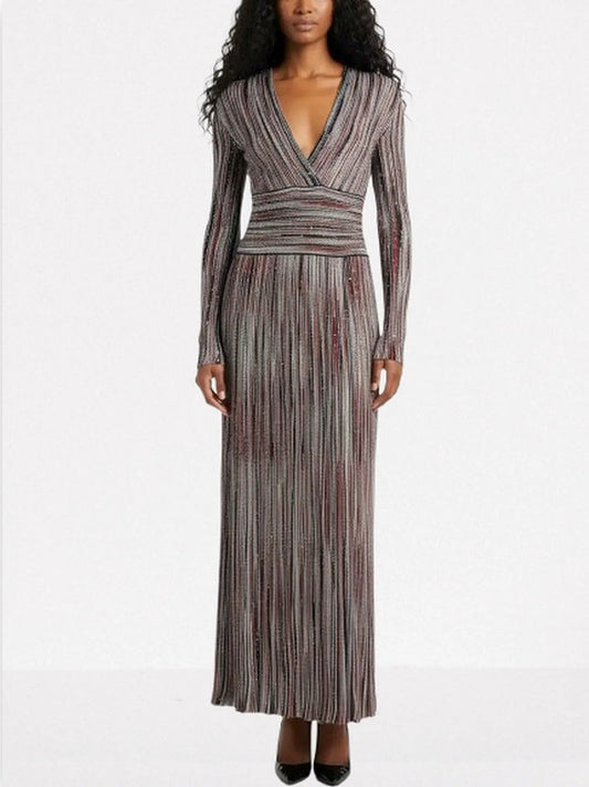 Multicolor Striped Lamé Knit V-Neck Maxi Dress - S - Dresses