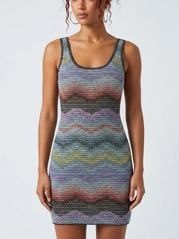 Multicolor Wave Knit Tank Mini Dress - Dresses