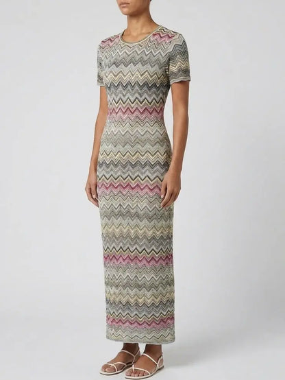 Multicolor Zig Zag Knit Maxi Dress with Short Sleeves - Dresses