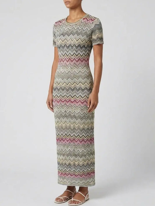 Multicolor Zig Zag Knit Maxi Dress with Short Sleeves - Dresses