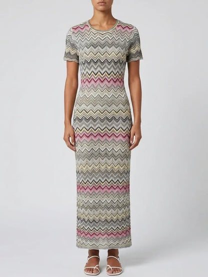 Multicolor Zig Zag Knit Maxi Dress with Short Sleeves - Dresses