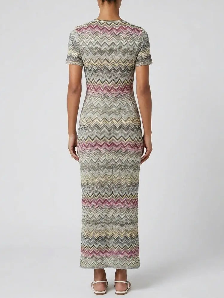 Multicolor Zig Zag Knit Maxi Dress with Short Sleeves - Dresses