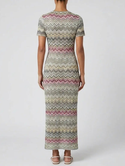 Multicolor Zig Zag Knit Maxi Dress with Short Sleeves - Dresses