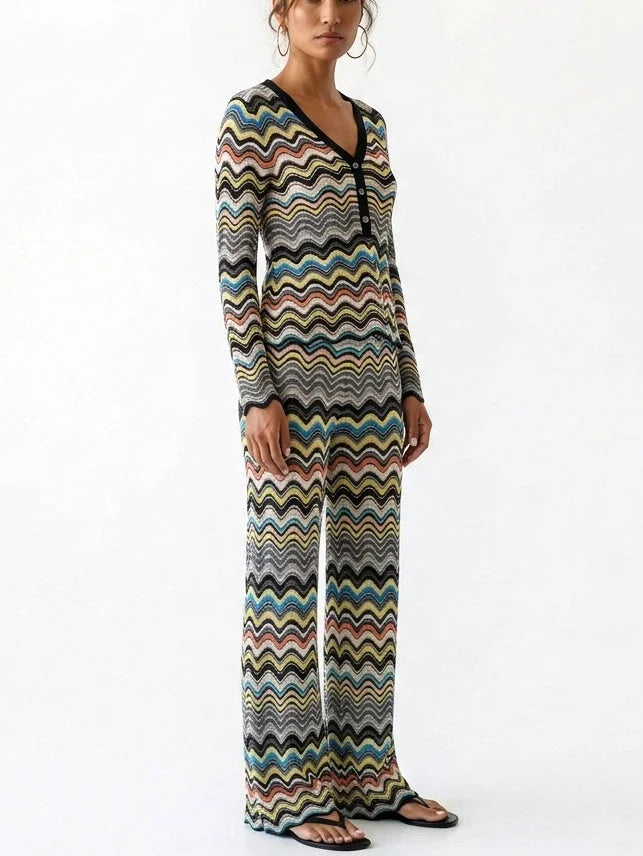 Multicolor Zigzag Knit Cardigan and Pants Set - Suits & Sets