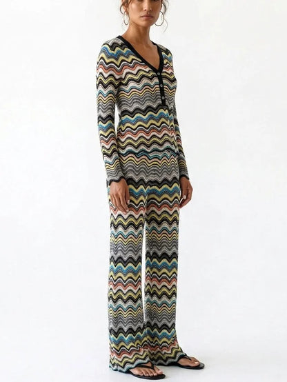 Multicolor Zigzag Knit Cardigan and Pants Set - Suits & Sets