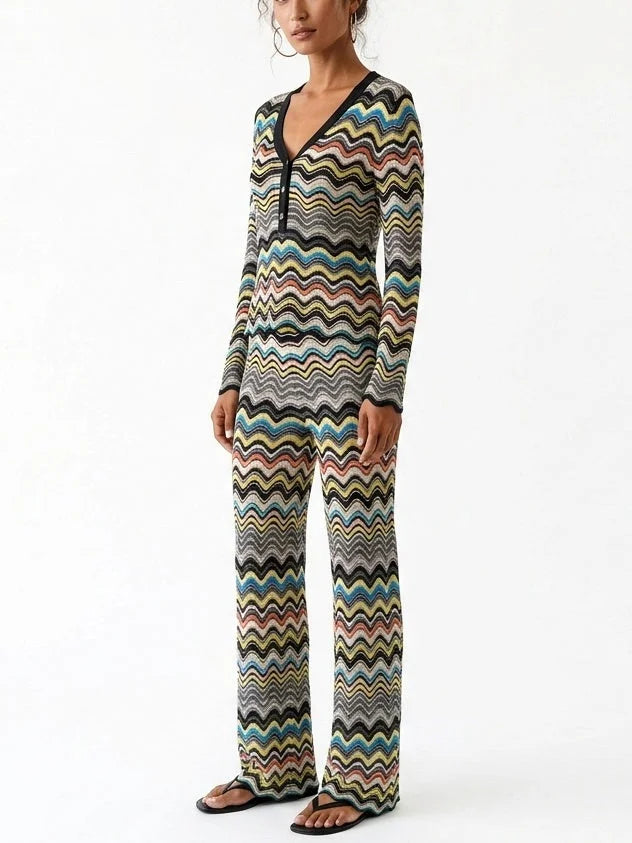 Multicolor Zigzag Knit Cardigan and Pants Set - Suits & Sets