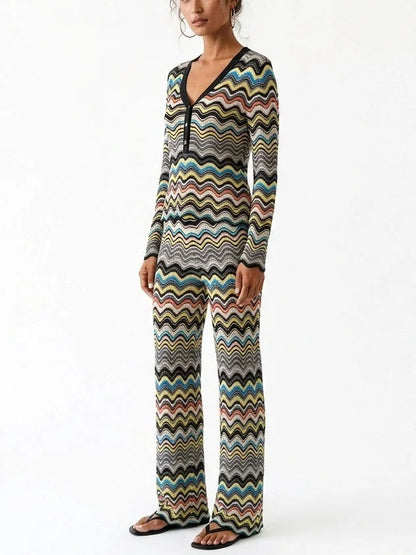 Multicolor Zigzag Knit Cardigan and Pants Set - Suits & Sets