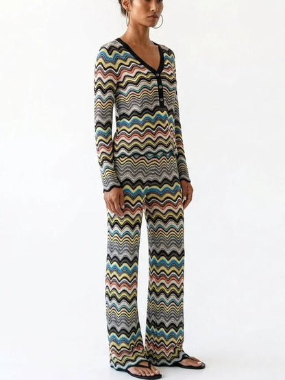 Multicolor Zigzag Knit Cardigan and Pants Set - Suits & Sets