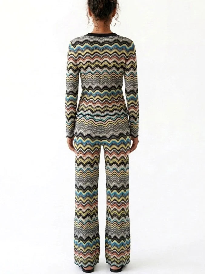 Multicolor Zigzag Knit Cardigan and Pants Set - Suits & Sets