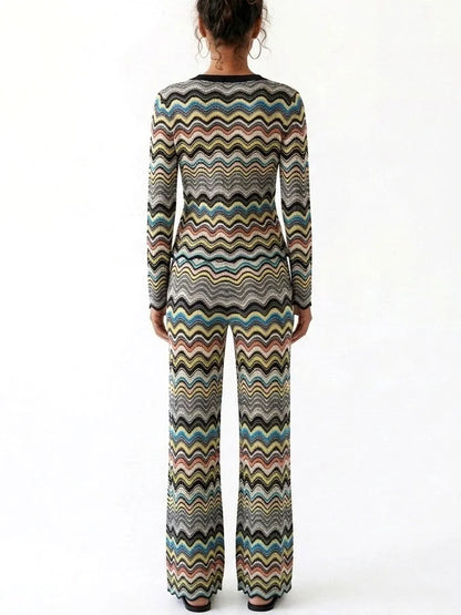 Multicolor Zigzag Knit Cardigan and Pants Set - Suits & Sets