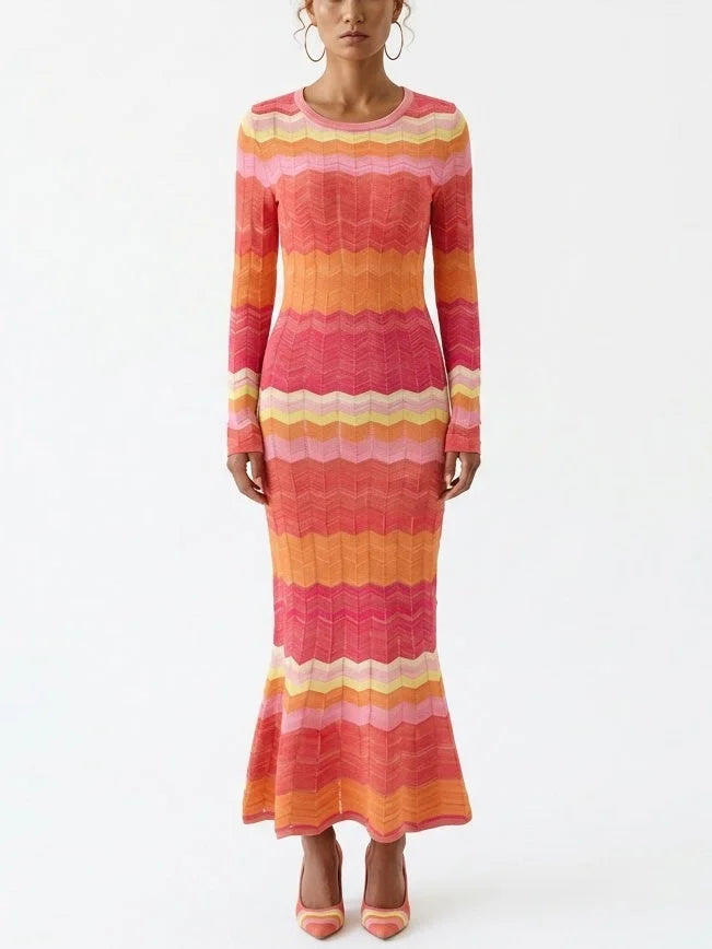 Multicolor Zigzag Knit Dress with Flared Hem - Dresses