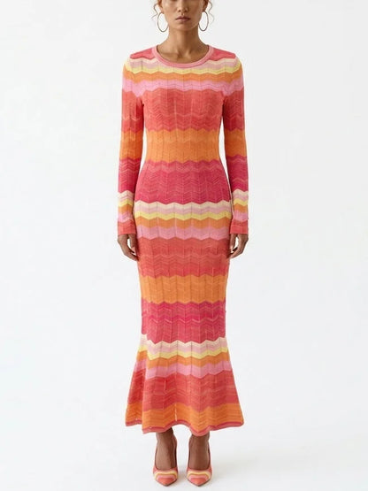 Multicolor Zigzag Knit Dress with Flared Hem - Dresses
