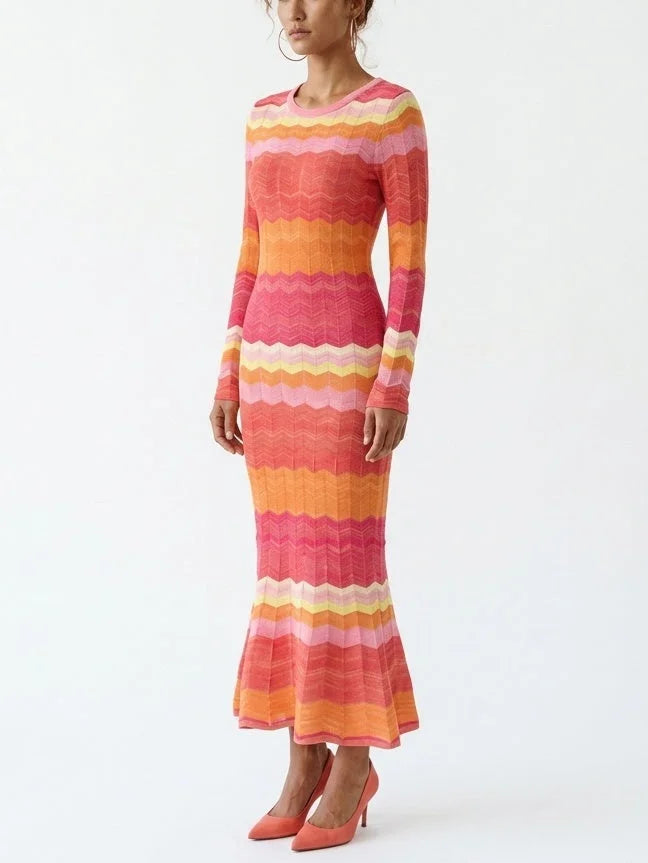 Multicolor Zigzag Knit Dress with Flared Hem - Dresses