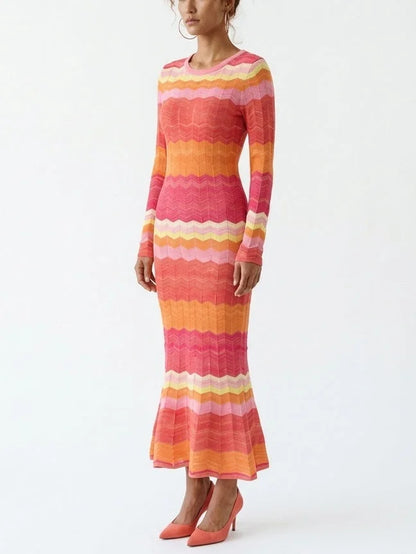 Multicolor Zigzag Knit Dress with Flared Hem - Dresses