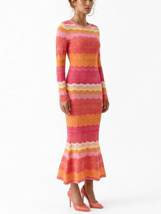 Multicolor Zigzag Knit Dress with Flared Hem - Dresses