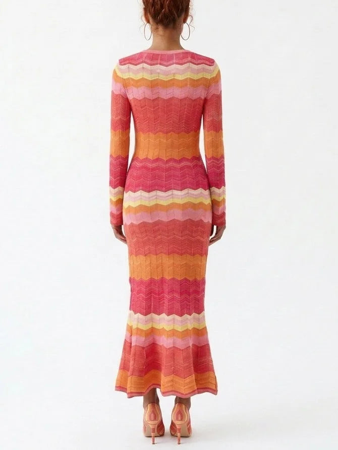 Multicolor Zigzag Knit Dress with Flared Hem - Dresses
