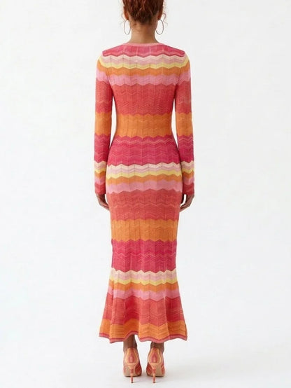 Multicolor Zigzag Knit Dress with Flared Hem - Dresses