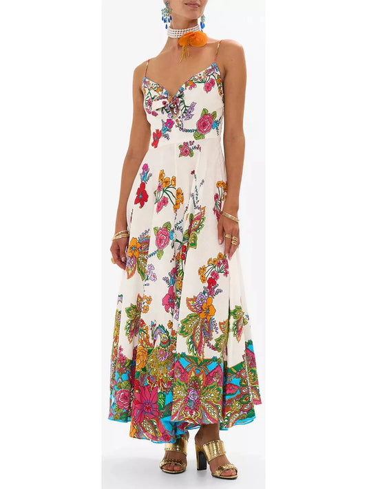 Multicolored Floral-Printed Tie-Front&nbsp;Linen Maxi Dress - Branna Couture