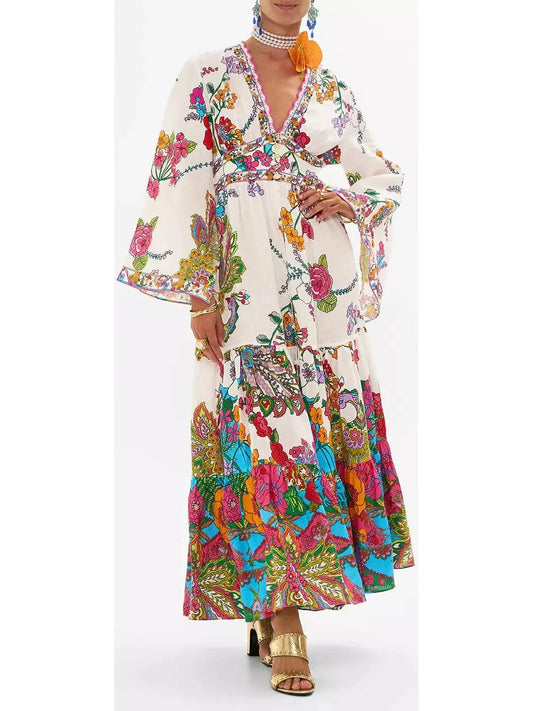 Multicolored Floral-Printed Tiered Linen Maxi Dress - Branna Couture