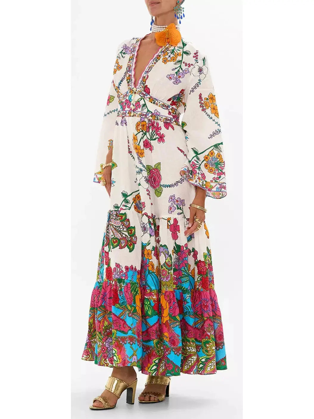 Multicolored Floral-Printed Tiered Linen Maxi Dress - Branna Couture