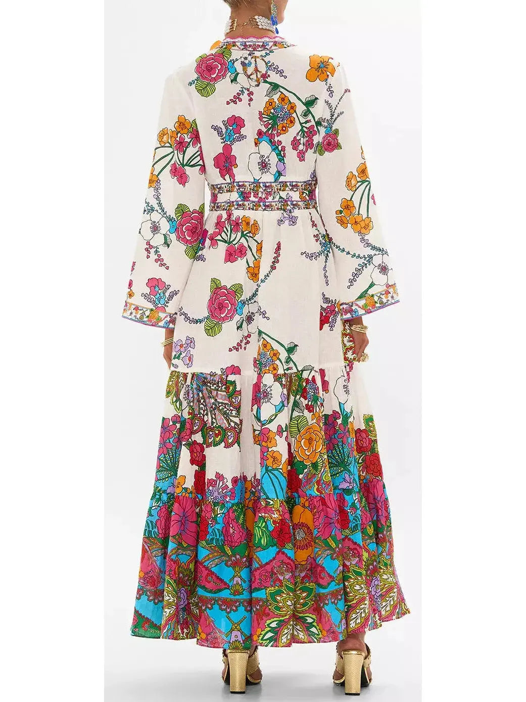 Multicolored Floral-Printed Tiered Linen Maxi Dress - Branna Couture