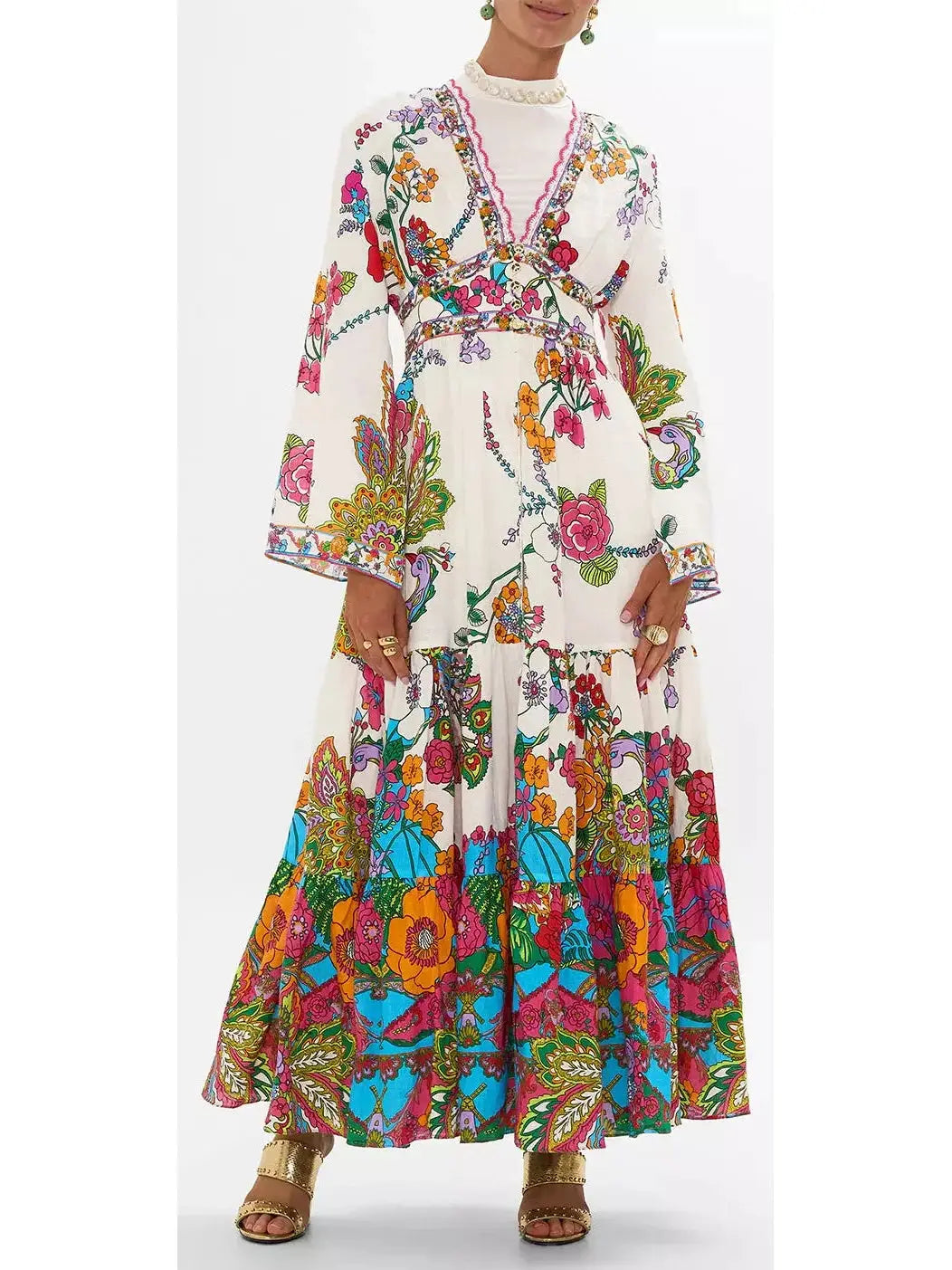 Multicolored Floral-Printed Tiered Linen Maxi Dress - Branna Couture