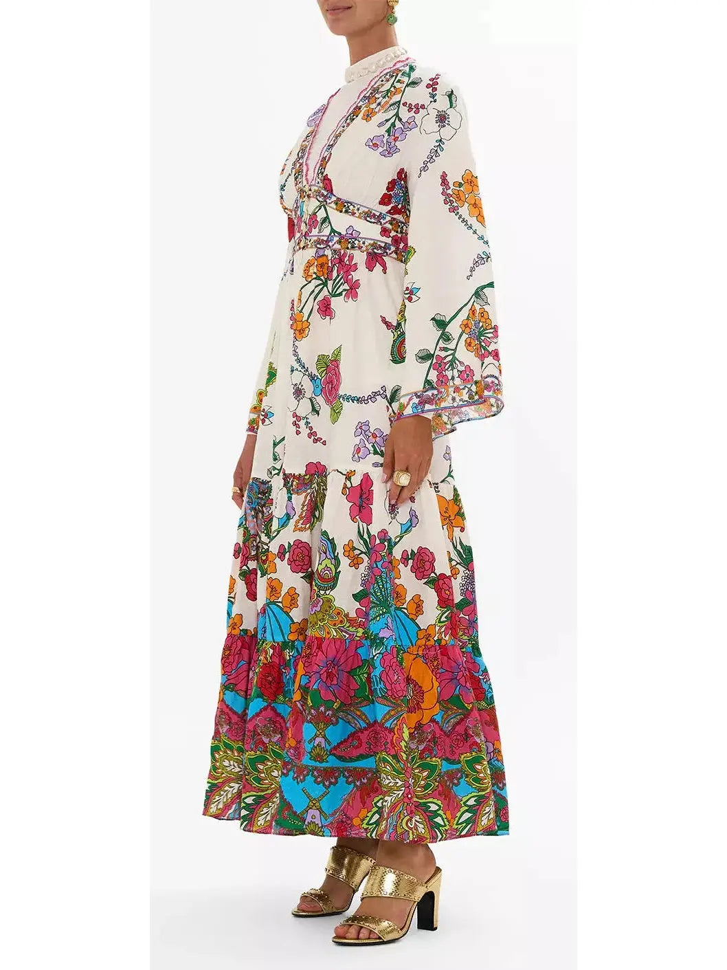 Multicolored Floral-Printed Tiered Linen Maxi Dress - Branna Couture