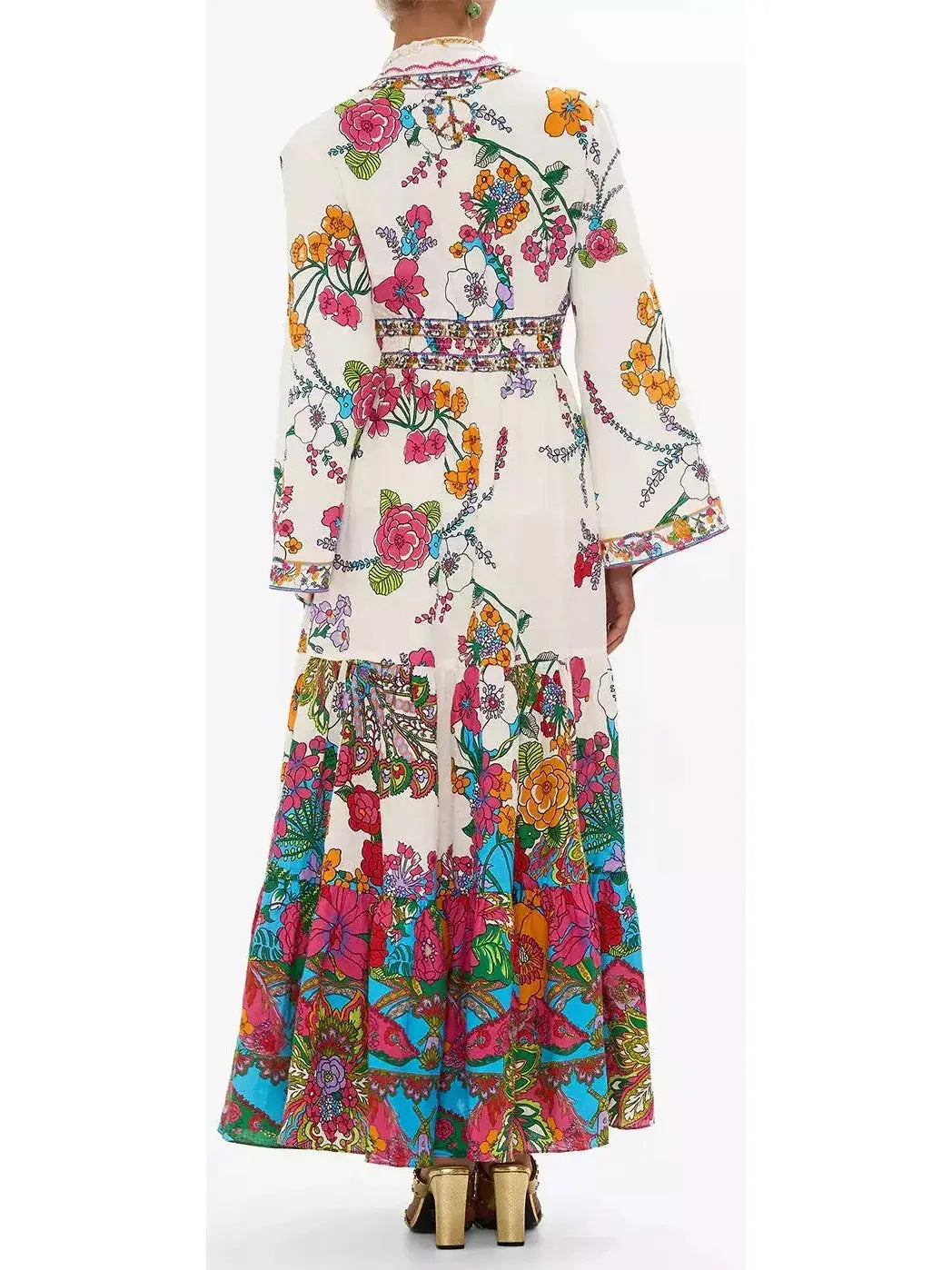 Multicolored Floral-Printed Tiered Linen Maxi Dress - Branna Couture