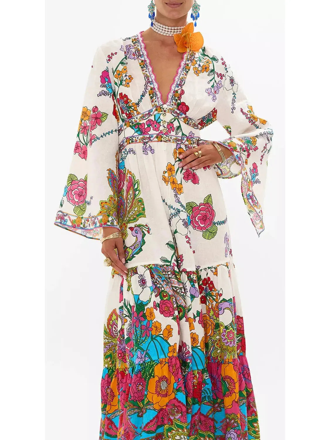 Multicolored Floral-Printed Tiered Linen Maxi Dress - Branna Couture