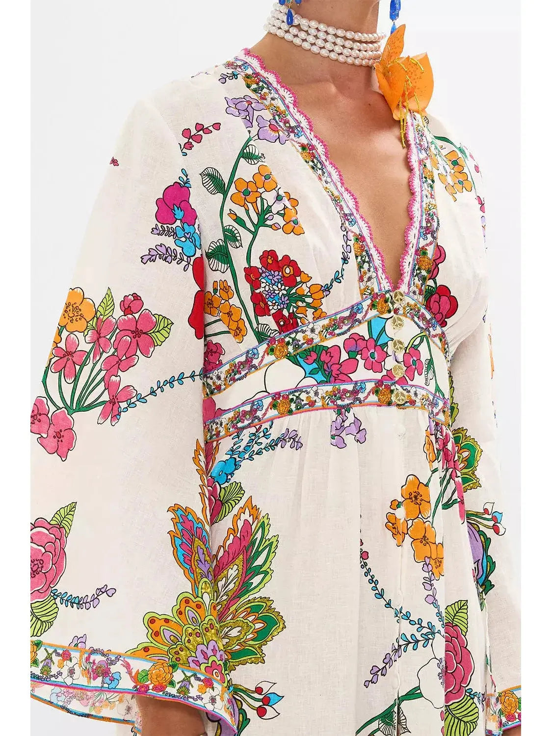 Multicolored Floral-Printed Tiered Linen Maxi Dress - Branna Couture