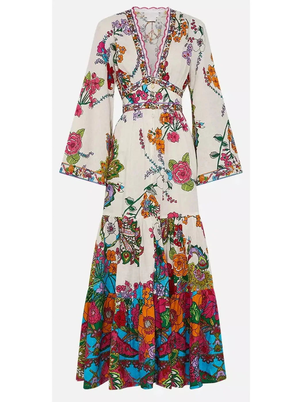 Multicolored Floral-Printed Tiered Linen Maxi Dress - Branna Couture