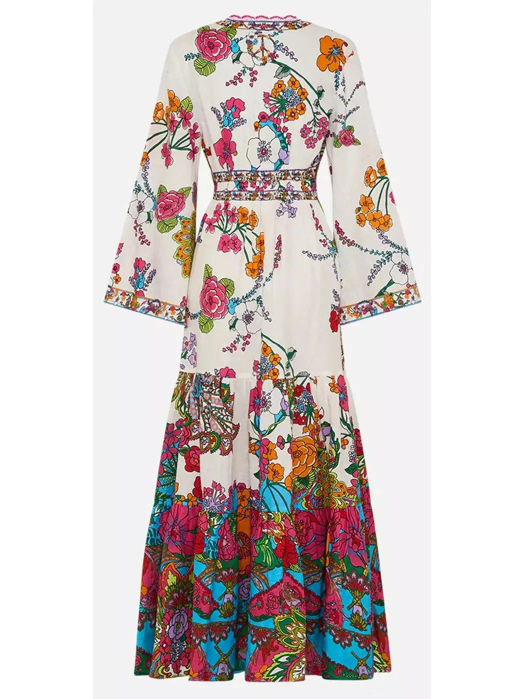 Multicolored Floral-Printed Tiered Linen Maxi Dress - Branna Couture