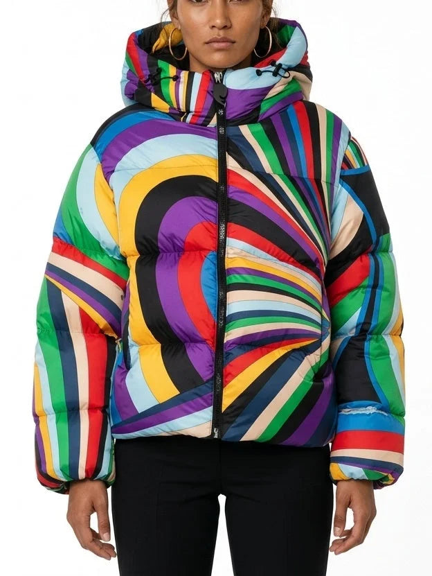 Multicolored Abstract Hooded Down Puffer Jacket - Small - Jackets