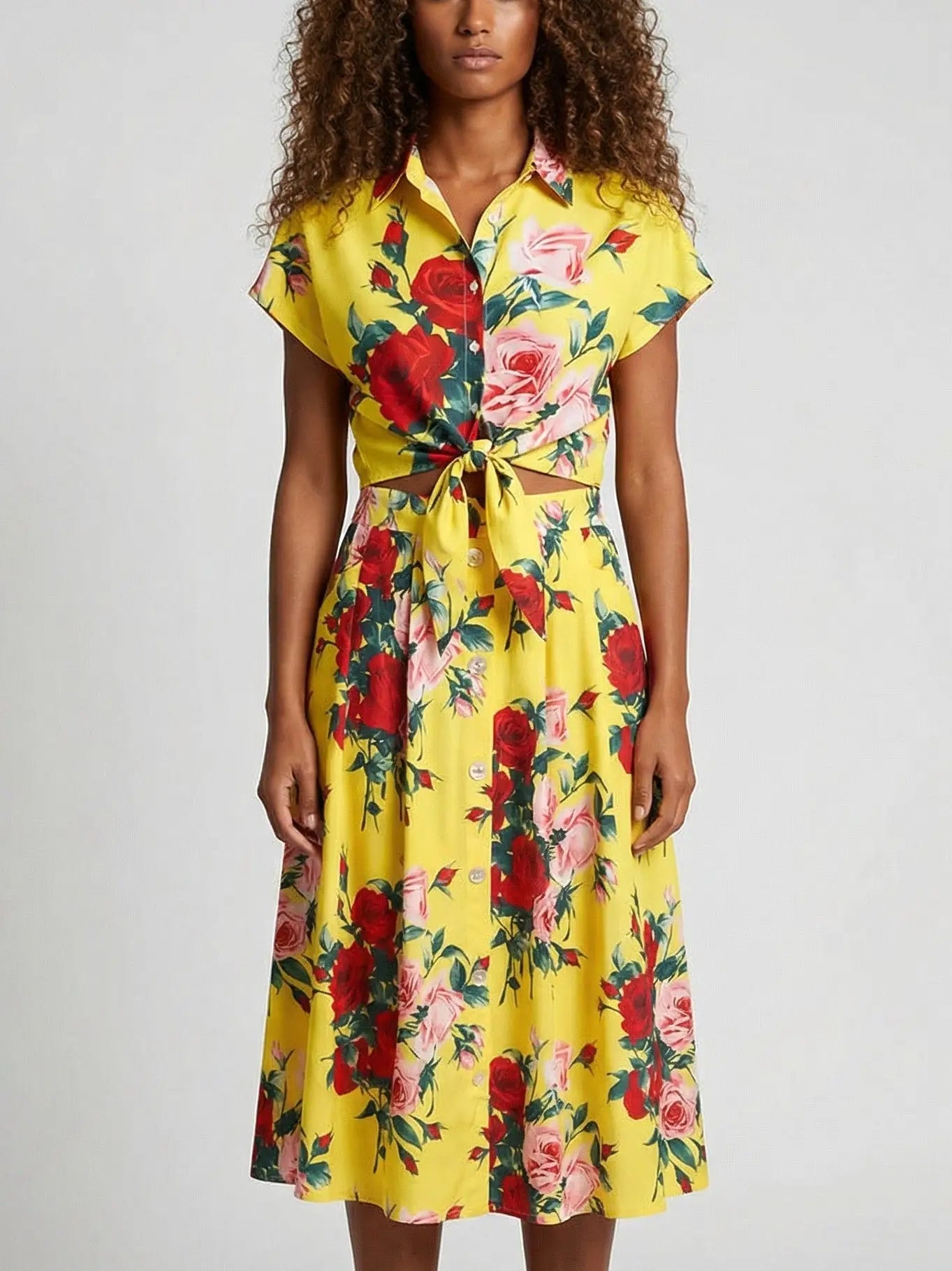 Multicolored Floral Print Top and Skirt Set in Yellow - S - Suits & Sets