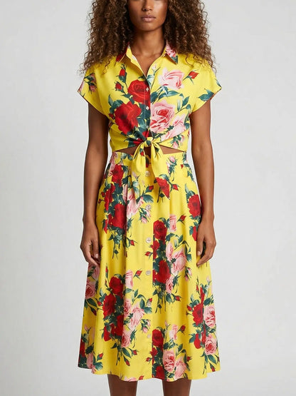 Multicolored Floral Print Top and Skirt Set in Yellow - S - Suits & Sets