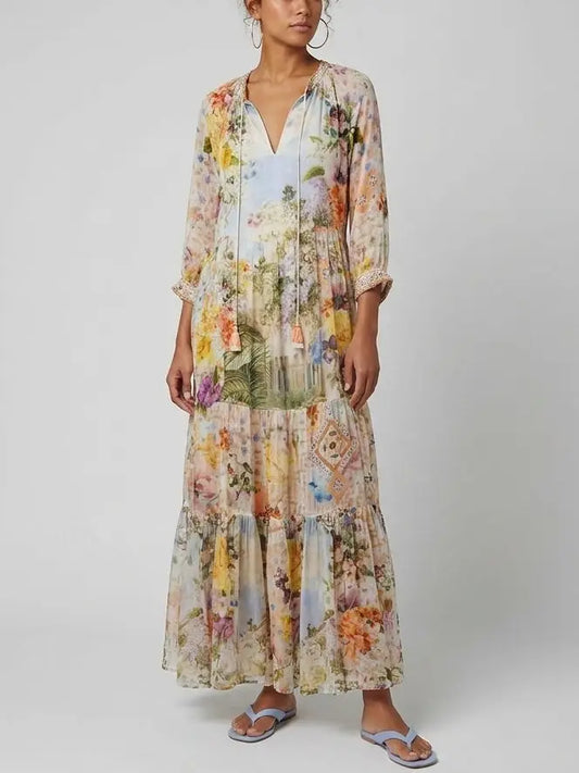 Multicolored Floral Silk Maxi Dress with Tassel Ties - S - Dresses