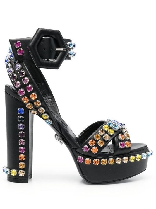 Women’s Multicolored Rhinestone-Embellished Black Platform Sandals Branna Couture