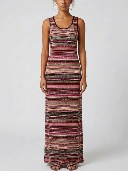 Multicolored Striped Stretch Knit Maxi Tank Dress - S - Dresses